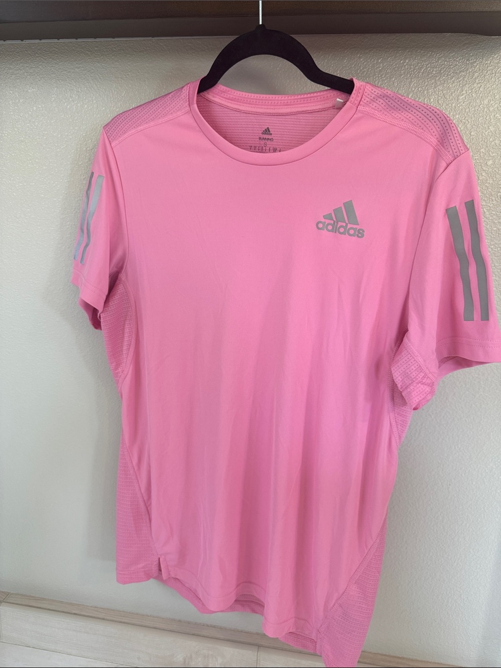 adidas Men’s Pink Short-Sleeve Athletic Tee with Reflective Logos